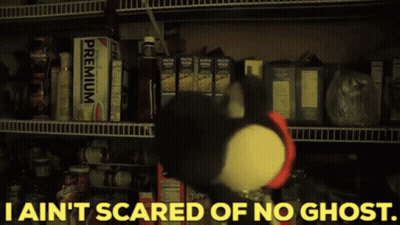 A Stuffed Animal In A Pantry With The Words I Ain 'T Scared Of No Ghost On The Bottom GIF