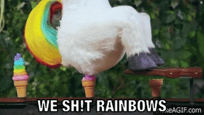 A Stuffed Animal In A Unicorn Costume Is Standing Next To Ice Cream Cones And Says `` We Shit Rainbows '' . GIF