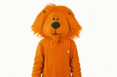 A Stuffed Animal In An Orange Lion Costume With The Word Nl On The Back GIF