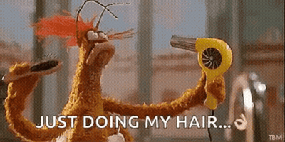 A Stuffed Animal Is Blow Drying His Hair With A Hair Dryer . GIF