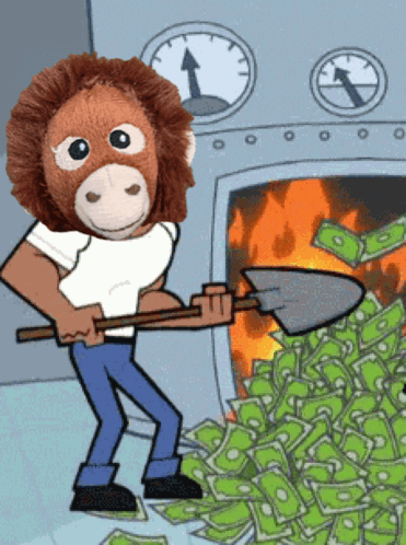 A Stuffed Animal Is Holding A Shovel In Front Of A Fire GIF