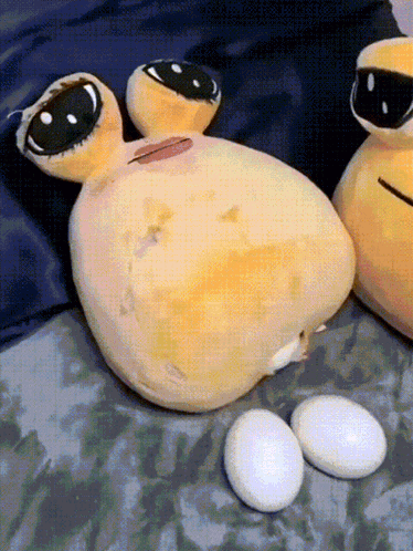 A Stuffed Animal Is Laying On A Bed Next To A Pair Of Eggs GIF