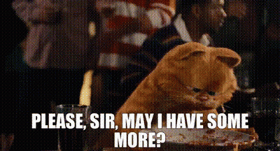 A Stuffed Animal Is Sitting At A Table With A Plate Of Food And Says Please Sir May I Have Some More . GIF
