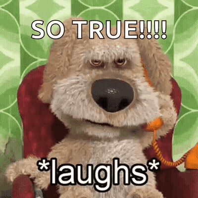 A Stuffed Animal Is Sitting In A Chair With A Phone In Its Mouth And Says So True !!! * Laughs * . GIF