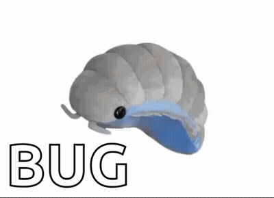 A Stuffed Animal Is Sitting On A White Surface With The Word Bug Written Above It . GIF