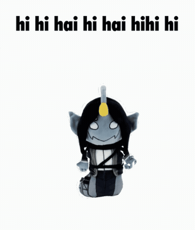 A Stuffed Animal Is Sitting On A White Surface With The Words Hi Hi Hai Hi Hai Hihihi Hi Written On It . GIF