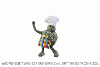 A Stuffed Animal Is Wearing A Chef 'S Hat And Apron And Says Me When Two Of My Special Interests Collide GIF