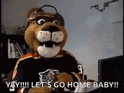 A Stuffed Animal Mascot Is Sitting In Front Of A Computer And Says `` Let 'S Go Home Baby '' . GIF