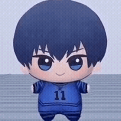 A Stuffed Animal Of A Boy With Blue Hair And A Blue Shirt With The Number 11 On It . GIF