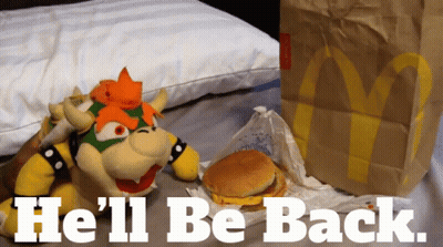A Stuffed Animal Sitting Next To A Mcdonald 'S Bag And A Hamburger That Says He 'Ll Be Back GIF