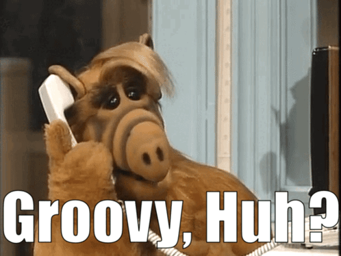 A Stuffed Animal Talking On A Phone With The Words Groovy Huh On The Bottom GIF