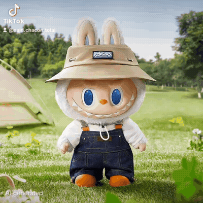 A Stuffed Animal Wearing A Hat And Overalls Is Standing In The Grass With A Tent In The Background GIF