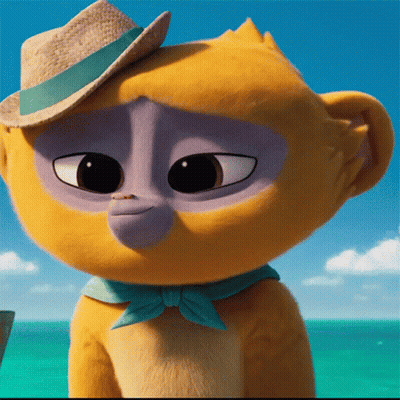 A Stuffed Animal Wearing A Hat And Scarf Looks At The Camera GIF