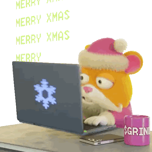 A Stuffed Animal Wearing A Santa Hat Is Typing On A Laptop Sticker