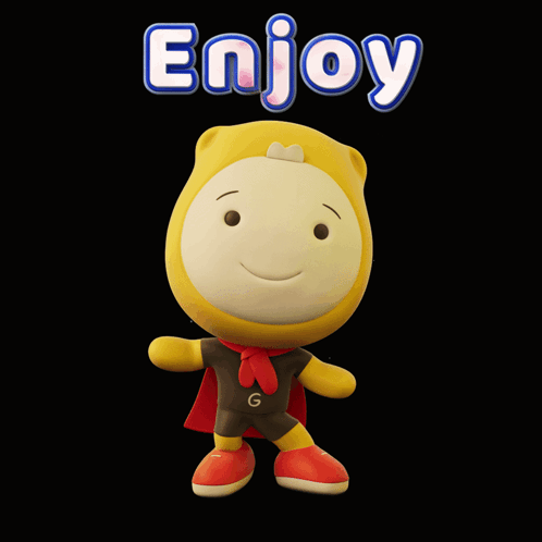 A Stuffed Animal With A Cape And The Word Enjoy Above It GIF