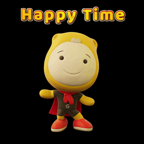 A Stuffed Animal With A Cape And The Words Happy Time Behind It GIF