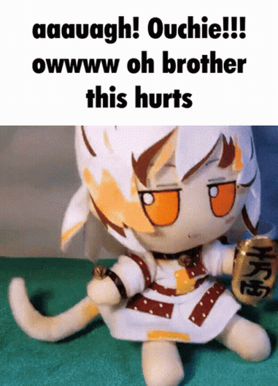 A Stuffed Animal With A Caption That Says " Ouchie " GIF
