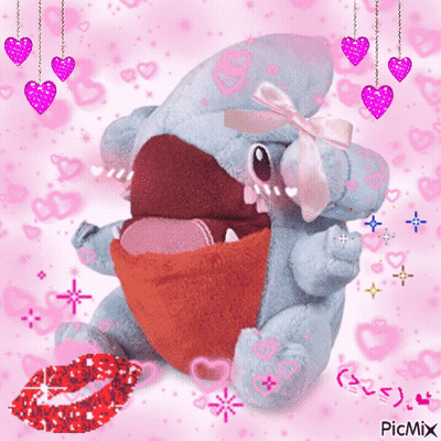 A Stuffed Animal With A Pink Bow On Its Head Is Surrounded By Pink Hearts And Says Picmix On The Bottom GIF
