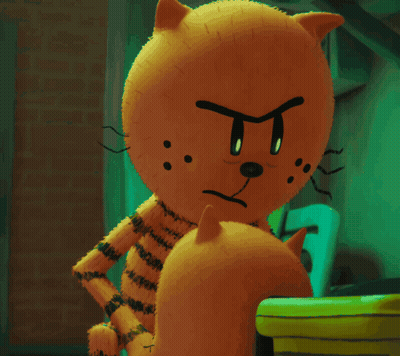 A Stuffed Animal With An Angry Face Is Standing Next To A Smaller Stuffed Animal GIF