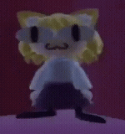 A Stuffed Animal With Blonde Hair And Blue Eyes Is Standing On A Purple Surface . GIF