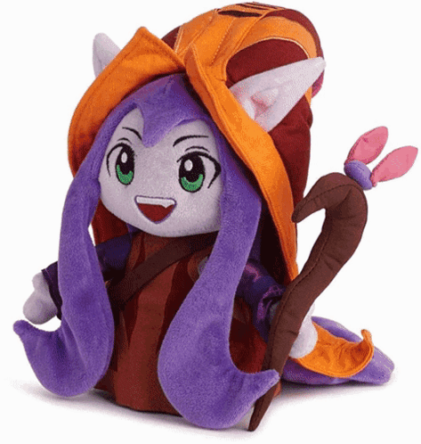 A Stuffed Animal With Long Purple Hair And A Hood GIF