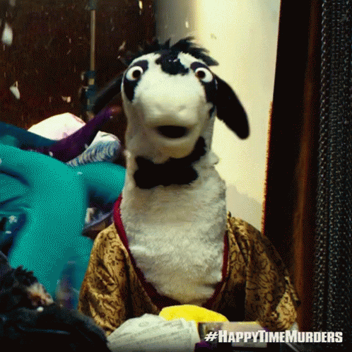 A Stuffed Animal With The Hashtag #Happytimemurders GIF
