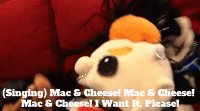 A Stuffed Animal With The Words Singing Mac & Cheese On It GIF