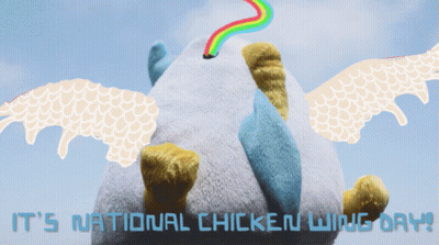 A Stuffed Animal With Wings And The Words " It 'S National Chicken Wing Day " Below It GIF