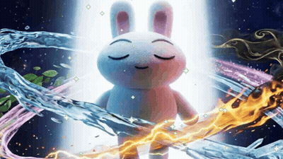 A Stuffed Bunny With Its Eyes Closed Is Surrounded By Fire And Water GIF