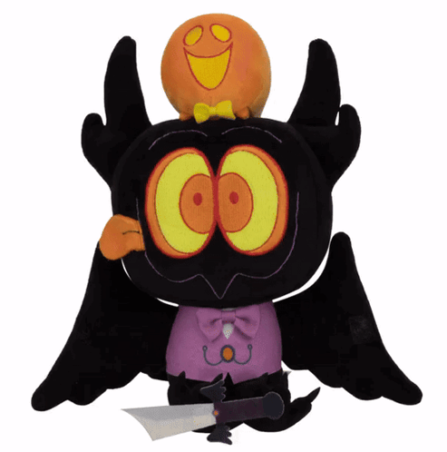 A Stuffed Cartoon Character With A Knife And A Pumpkin On His Head GIF