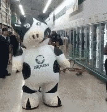 A Stuffed Cow With The Word Alpina On Its Chest GIF