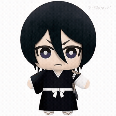 A Stuffed Doll Of Rukia From Bleach With A Sword In His Hand . GIF
