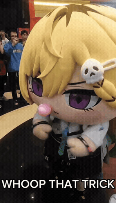 A Stuffed Doll With A Skull On Her Head And The Words Whoop That Trick GIF