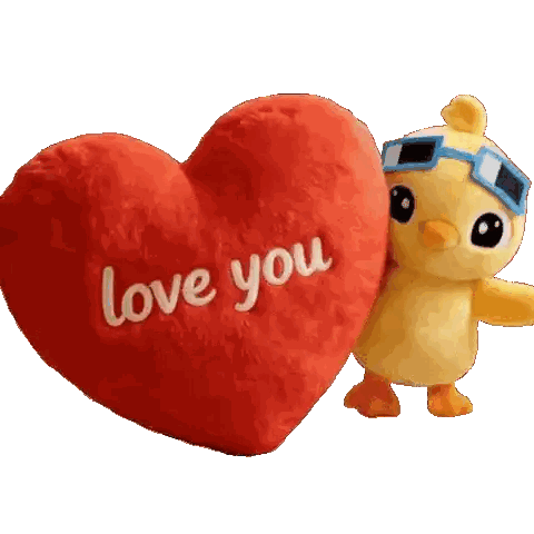 A Stuffed Duck Is Standing Next To A Heart That Says Love You Sticker