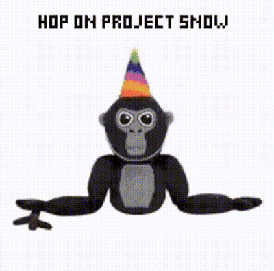 A Stuffed Gorilla Wearing A Party Hat With The Words `` Hop On Project Show '' Written Above It . GIF