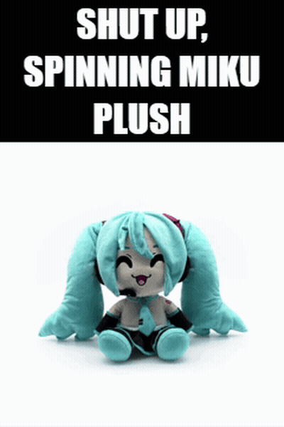 A Stuffed Hatsune Miku Is Sitting On A White Surface With A Black Background That Says Shut Up Spinning Miku Plush GIF