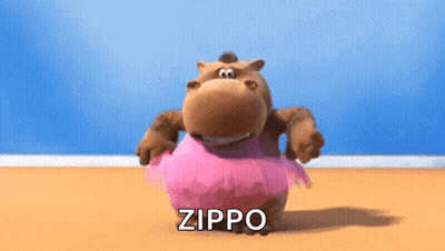 A Stuffed Hippo Is Wearing A Pink Tutu And The Word Zippo Is On The Bottom GIF