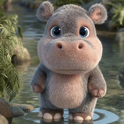 A Stuffed Hippopotamus Is Standing In A Body Of Water GIF