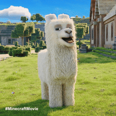 A Stuffed Llama Is Standing In A Grassy Field With A Minecraft Movie Written On The Bottom GIF