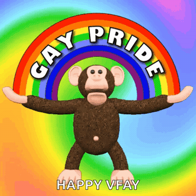 A Stuffed Monkey Stands In Front Of A Rainbow With The Words Gay Pride Written Around It GIF
