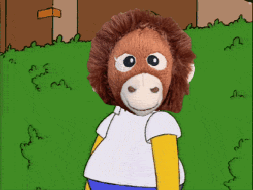 A Stuffed Monkey Wearing A White Shirt And Blue Pants GIF
