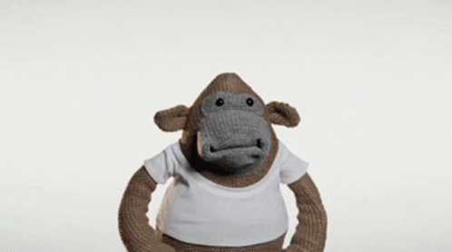 A Stuffed Monkey With Its Arms Outstretched Wearing A White T-Shirt GIF