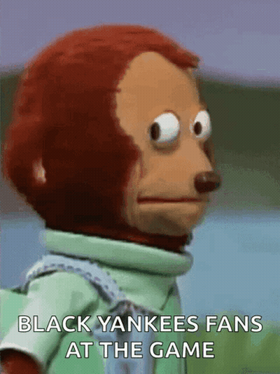 A Stuffed Monkey With The Words Black Yankees Fans At The Game Written On It 'S Face . GIF