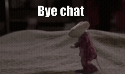 A Stuffed Mouse Is Standing On A Bed With The Words Bye Chat Behind Him GIF