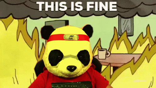 A Stuffed Panda Bear Wearing A Red Shirt And A Headband That Says ' This Is Fine ' GIF
