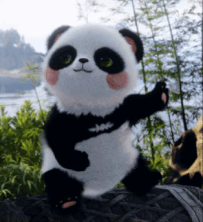 A Stuffed Panda Bear With Green Eyes Is Sitting On A Log GIF