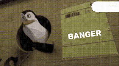 A Stuffed Penguin Is Sticking Its Head Out Of A Hole Next To A Green Envelope That Says Banger GIF