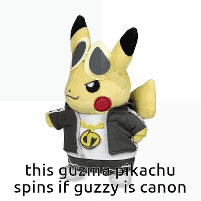 A Stuffed Pikachu Wearing Sunglasses And A Black Jacket Says This Guzma Pikachu Spins If Guzzy Is Canon GIF