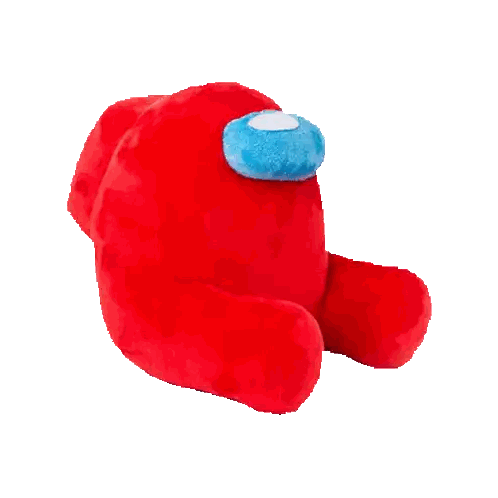 A Stuffed Red Among Us Character With A Blue Head Sticker