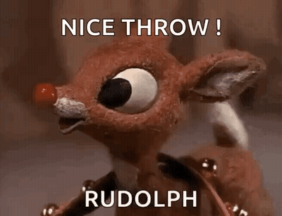 A Stuffed Reindeer With A Red Nose And The Words `` Nice Throw ! '' GIF